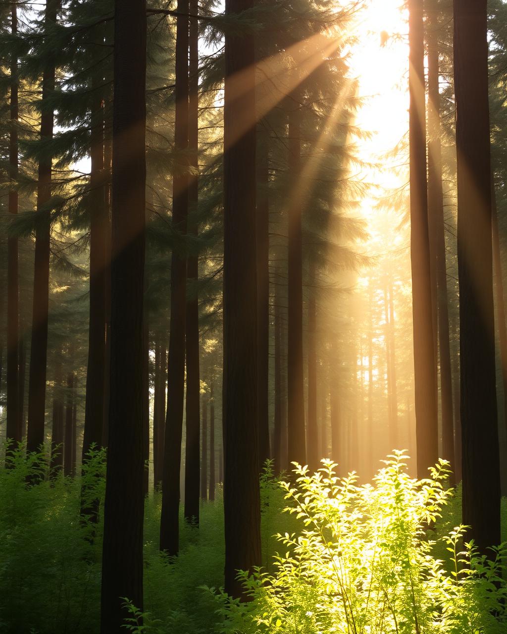 Sunlight breaking through a forest of tall trees