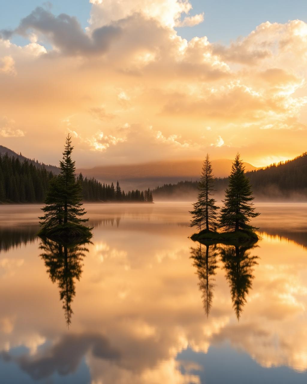 A calm mountain lake reflecting a golden dawn sky