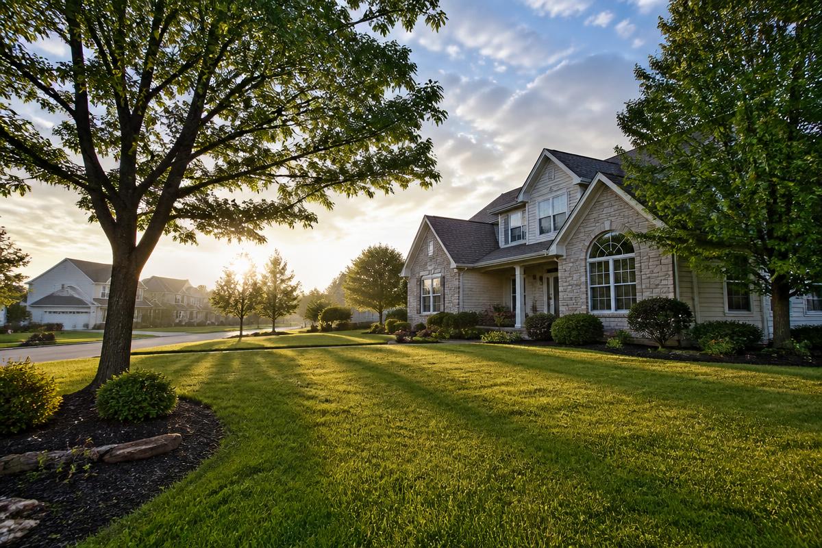 A well-kept suburban home in soft morning light