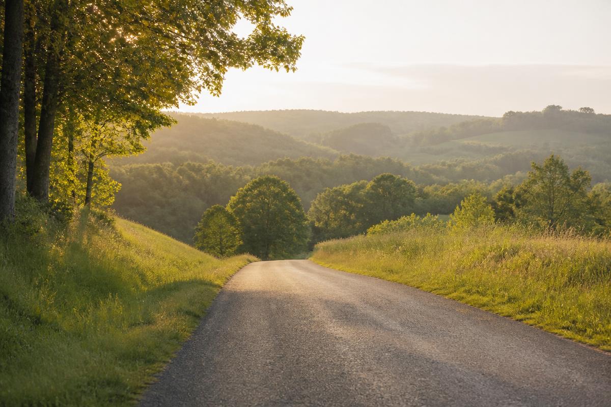 A quiet country road through green hills at dawn